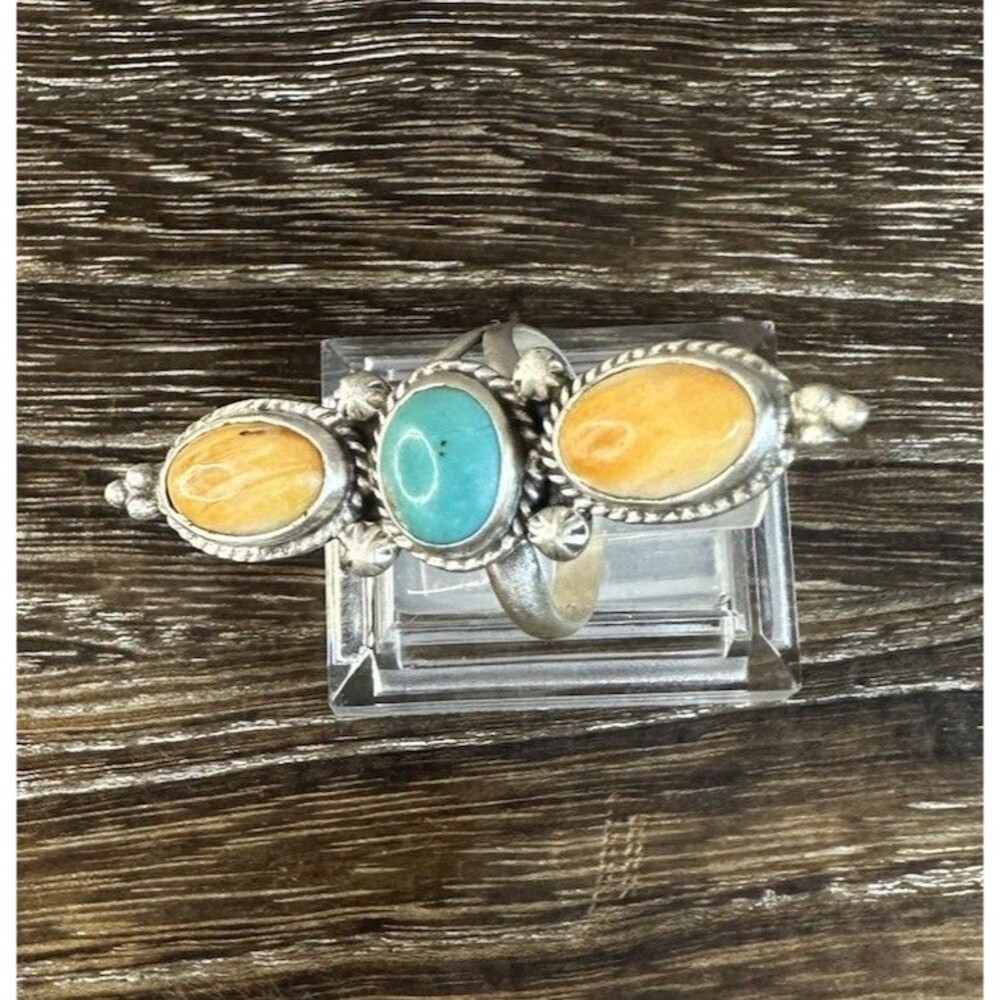 Southwest Sterling Silver Turquoise/Spiny Oyster 3 Stone Crawler Ring 9 Adj - Picture 2 of 9